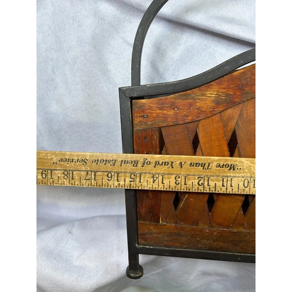 Rustic Wood & Metal Magazine Rack Holder Basket Woven Slat Farmhouse Organizer